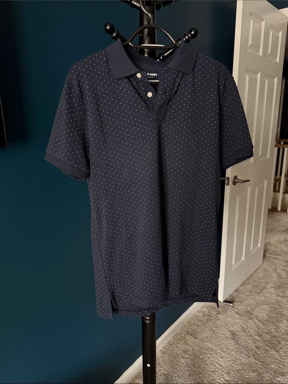 Old Navy Men's Navy Polo with White Microdot Pattern